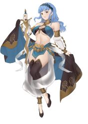 1girls alternate_costume alternate_hairstyle blue_hair breasts bridal_gauntlets brown_eyes cosplay dancer ebinku female female_only fire_emblem fire_emblem:_three_houses fire_emblem_heroes fire_emblem_warriors fire_emblem_warriors:_three_hopes halterneck headband highres levin_sword long_hair marianne_von_edmund midriff navel nintendo official_alternate_hairstyle solo sword thighhighs underboob weapon