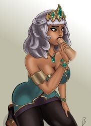 big_breasts chocoflan dark-skinned_female dark_skin holding_penis hourglass_figure kneeling league_of_legends qiyana_yunalai sucking sucking_penis white_hair yellow_eyes