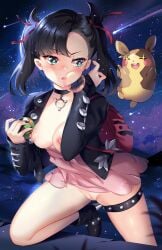 1girls 1other black_hair black_nails blowing_bubblegum blue_eyes bottomless breasts dress dusk_ball holding_poke_ball marnie_(pokemon) morpeko mostly_clothed nail_polish nipples no_bra no_panties poke_ball pokemon pokemon_ss pussy skirt_lift squchan symbol_in_eye topless uncensored