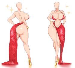 ass babie_fluff bald_women big_ass big_belly big_breasts daphne_dress dress gold_heels high_heels long_legs no_bra no_face no_panties red_dress stiletto_heels thick_ass thick_thighs very_high_heels