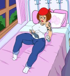 beanie bed bedroom big_breasts breasts brown_hair busty erect_nipples family_guy female female_focus female_only fingernails glasses green_eyes hourglass_figure lipstick meg_griffin meg_griffin_(ex_convict) nail_polish pink_nails pinup pinup_pose short_hair slashysmiley tagme wide_hips