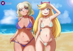 2girls angel_glitch bandana beach big_breasts bikini commission disney disney_channel disney_xd female_only front_view glistening_body jackie_lynn_thomas long_hair looking_at_viewer micro_bikini multiple_girls seaside short_hair signature smiling_at_viewer standing star_butterfly star_vs_the_forces_of_evil thick_thighs voluptuous