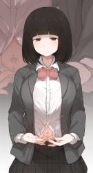 1girls belly belly_button belly_button_piercing big_breasts black_hair blush blushing bowtie bra_visible_through_clothes breasts brown_eyes closed_mouth clothed clothing cropped_legs eyebrows_visible_through_hair female female_focus female_only front_view fully_clothed heart-shaped_pupils hi_res highres light-skinned_female light_skin looking_at_viewer medium_hair midriff midriff_peek navel navel_piercing oc original original_character portrait revealing skirt smile smiling smiling_at_viewer smug solo solo_female solo_focus source_request stripping suggestive_look terasu_mc unbuttoned_shirt uniform