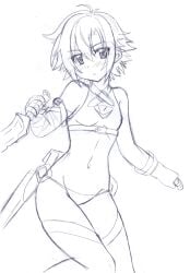 bandages bangs bare_midriff bare_shoulders bare_stomach belly belly_button belt blush blush blushing_at_viewer cosplay cowboy_shot eiyuu_densetsu eyebrows_visible_through_hair falcom fate/apocrypha fate/grand_order fate_(series) female female female_focus female_only fie_claussell gloves hair_between_eyes jack_the_ripper_(fate) jack_the_ripper_(fate)_(cosplay) jack_the_ripper_(fate/apocrypha) leggings legwear looking_at_viewer lowleg lowleg_panties midriff monochrome navel panties sen_no_kiseki short_hair shoulders small_breasts stomach thighhighs trails_of_cold_steel underwear weapon