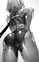 1girls ass atlus back_view bodysuit clothing female hizuki_akira human legs makoto_niijima pale_skin persona persona_5 phantom_thief_suit scarf short_hair skin_tight solo thighs