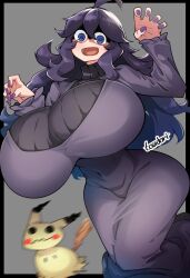 1girls big_breasts breasts_bigger_than_head busty female giant_breasts hex_maniac huge_breasts large_breasts long_hair looking_at_viewer mimikyu nintendo pokémon_(species) pokemon purple_eyes purple_hair thick_legs thick_thighs thighs toudori voluptuous voluptuous_female wide_hips