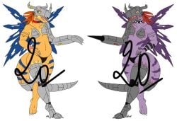 2girls adoptable anthro anthrofied blackmetalgreymon blue_eyes cyborg digimon dinosaur earrings eyelashes female female_only genderswap horn_ring metal_arm metal_breasts metal_leg metalgreymon multiple_girls nelsonnoir ring tail wings