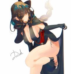 black_dress black_gloves bow braid breasts brown_hair cape cleavage clothes_lift darah dress dress_lift elbow_gloves eyepatch female girls'_frontline gloves hairbow hanging_breasts high_heels highres large_breasts leaning_forward leg_up long_hair looking_at_viewer m16a1_(girls'_frontline) multicolored_hair official_alternate_costume panties partially_fingerless_gloves scar scar_across_eye scar_on_face shoes side-tie_panties side_slit sideboob signature single_braid smile solo standing standing_on_one_leg streaked_hair thighs underwear white_background