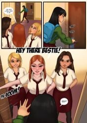 4girls asian_female backpack black_hair blonde_hair blush brown_hair bullying comic english_text female female_only freckles multiple_girls orange_hair original original_characters our_new_best_friend_(sadgravy) sadgravy school_uniform speech_bubble toilet