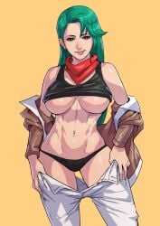 1girls big_breasts black_panties brown_eyes cirenk emmie_(pokemon_ecchi) female female_only fit fit_female green_hair jacket jacket_open large_breasts long_hair looking_at_viewer panties pokemon pokemon_ecchi removing_jacket removing_pants smile smiling_at_viewer striptease white_pants