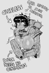 1girls adepta_sororitas angel armor azazel_(helltaker) big_breasts black_hair boobs breasts casual cosplay covered_nipples crossover english_text exposed_breasts female female_focus female_only firearm gun halo helltaker imperium_of_man impractical_armor krekk0v monochrome nipple_insertion nipple_penetration nipple_plugs power_armor purity_seal question_mark sister_of_battle solo solo_female sweat text unconvincing_armor upper_body warhammer_(franchise) warhammer_40k