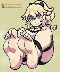 1girls blonde_hair blue_eyes bondage feet feet_up female female_only foot_fetish foot_focus genshin_impact jean_gunnhildr reathroch smell soles sweat sweatdrop sweaty sweaty_feet thick_thighs thighs toes