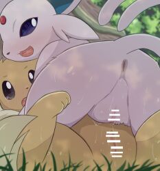 bodily_fluids censored duo eevee eeveelution espeon female female/female feral feral_on_feral forest genital_fluids genitals nintendo pink_body plant pokémon_(species) pokemon pokemon_(species) pussy pussy_juice rumine tree video_games