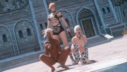 ahe_gao blonde_female cow_print female final_fantasy final_fantasy_xiv fishnet_shirt fordola_rem_lupis gpose(ffxiv) highlander hyur lyse_hext m'naago miqo'te petplay sex_slave