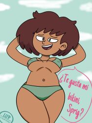 1girls amphibia anne_boonchuy belly belly_button bikini disney disney_channel disney_xd female_only looking_at_viewer lupdrawer21 nipples_visible_through_clothing portrait pov signature sky smiling solo solo_female solo_focus sprig_plantar straight_hair talking_to_viewer text thighs underboob