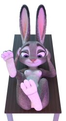 3_toes 3d_(artwork) blender_(disambiguation) breasts cotg_(artist) digital_media_(artwork) disney feet female flat_chest fur furniture furry grey_body grey_fur hi_res judy_hopps lagomorph leporid mammal nipples paws purple_eyes rabbit raised_leg simple_background solo table toes zootopia