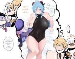 aether_(genshin_impact) big_breasts blue_hair ganyu_(genshin_impact) genshin_impact horns lactating_in_glass lactation leotard milk milking okpriko paimon_(genshin_impact) qiqi_(genshin_impact) thinking