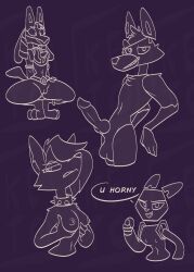 collar colored_sketch e621 esix female_lucario five_nights_at_freddy's foxy_(fnaf) hair_over_one_eye helluva_boss hi_res highres ketofur knot loona_(helluva_boss) lucario pokemon pokemon_(species) pokemon_dppt speech_bubble tagme