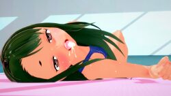 1girls 3d black_hair blush breasts brown_eyes clothed clothing comic comic_page cum cum_in_mouth cum_inside female_focus female_only hayase_nagatoro hentai-slippers_(artist) hi_res long_hair looking_at_viewer medium_breasts nipples on_back open_mouth please_don't_bully_me,_nagatoro pose revealing_clothes simple_background smile solo swimsuit tan tanned tongue_out