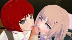 1boy 2girls 2girls1boy 3d animated assisted_fellatio collaborative_fellatio cute danganronpa danganronpa_2:_goodbye_despair eye_contact eyelashes fellatio female freckles fringe green_eyes grey_eyes handjob hi_res highres koikatsu koizumi_mahiru large_penis licking_penis light-skinned_female light_skin male multiple_girls nanami_chiaki offscreen_character omegavalwin oral pale-skinned_female penis petite pov red_hair school school_uniform schoolgirl short_hair slim sound straight_hair teenager threesome toilet unseen_character valwin video