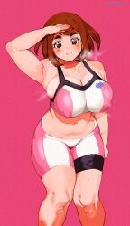 1girls big_breasts breasts brown_eyes brown_hair clothing cosplay female female_only gundam gundam_build_fighters gundam_build_fighters_try hoshino_fumina_(cosplay) huge_breasts keigi_(artist) looking_at_viewer my_hero_academia nipple_bulge nipples_visible_through_clothing ochako_uraraka smile solo sweat thick_thighs venus_body wide_hips