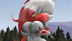 16:9 2022 3d_(artwork) anthro big_breasts bodily_fluids breasts digital_media_(artwork) dnrud12 featureless_breasts female flustered fur grey_body grey_skin hair hi_res hisuian_zoroark holding_breast huge_breasts looking_down nintendo no_nipples nude pink_body pink_fur pink_hair plant pokémon_(species) pokemon pokemon_(species) pokemon_legends:_arceus pokemorph red_body red_eyes red_fur red_hair regional_form_(pokemon) solo source_filmmaker sweat tree video_games white_body white_fur white_hair widescreen zoroark