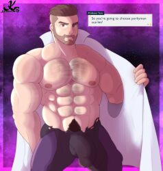 balls bara beard bulge facial_hair game_freak gay hairy kuroblack95 labcoat looking_at_viewer male male_only muscles muscular nintendo npc_trainer penis pokemon pokemon_sv professor_turo ripped_clothing solo solo_male speaking speaking_to_viewer text undressing