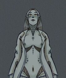 body_markings glados glados_(humanoid) labcoat long_hair long_sleeves looking_at_viewer nipples tagme