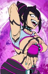 areolae armpits bare_midriff big_breasts black_hair bodypaint breasts breasts_out bursting_breasts busty capcom collar enormous_breasts erect_nipples female female_focus female_only glowing_eyes holding_breast hourglass_figure huge_breasts juri_han large_breasts lipstick long_hair makeup nail_polish navel newworld9 nipple_piercing nipples overflowing_breasts piercing solo spiked_collar standing street_fighter street_fighter_6 tagme wide_hips