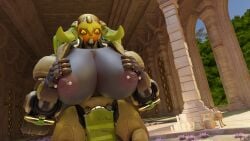 1girls 3d blizzard_entertainment breast_grab breast_squeeze breasts breasts_out ckiii3d_(artist) nipple_piercing nipples orisa outside overwatch robot robot_girl smile