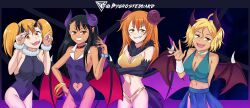 4girls big_breasts black_hair blonde_hair blush breasts brown_eyes brown_hair byghosteduard cleavage clothed clothing demon_girl demon_horns demon_tail female_only gamo-chan hayase_nagatoro long_hair looking_at_viewer medium_hair multiple_girls navel open_mouth orange_eyes orange_hair please_don't_bully_me,_nagatoro pose revealing_clothes sakura_(nagatoro) simple_background small_breasts smile succubi succubus tan tanned watermark yoshi_(nagatoro)