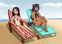 2girls beach big_breasts bikini black_hair breasts brown_eyes dark-skinned_female dark_skin doctorhaedelock female_focus female_only hayase_nagatoro hi_res jahy jahy_sama_wa_kujikenai! long_hair multiple_girls navel please_don't_bully_me,_nagatoro public purple_hair simple_background small_breasts smile tan tanline tanned watermark