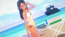 1girls 3d beach bikini black_hair blush breasts brown_eyes clothed clothing cometz comic comic_page female_focus female_only hayase_nagatoro hi_res long_hair looking_at_viewer medium_breasts navel one-piece_tan please_don't_bully_me,_nagatoro pose public simple_background smile solo tan tanned