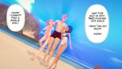 1boy 2girls 3d beach black_hair blonde_hair breasts brown_eyes cleavage clothed clothing comic comic_page english_text female hayase_nagatoro hi_res koikatsu male medium_breasts multiple_girls muscular muscular_male navel nipples odk717 please_don't_bully_me,_nagatoro revealing_clothes smaller_female tan tanline tanned text view_facing_male yoshi_(nagatoro)