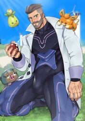 1boy alternate_version_available bodysuit bulge detailed lab_coat labcoat lechonk male male_only muscles muscular muscular_male nintendo on_knees outdoors pawmi pokeball pokemon pokemon_sv professor_turo smoliv solo suyohara