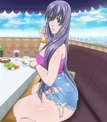 1girls ass ass_grab athena_(saint_seiya) blue_hair breasts clothing curvy female female_only goddess gt_(artist) large_ass large_breasts restaurant saint_seiya saint_seiya:_the_lost_canvas sasha_(saint_seiya) shorts voluptuous