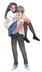 1boy 1girls black_hair blush bridal_carry brown_eyes brown_hair carrying clothed clothing hayase_nagatoro kneehighs long_hair maikurorensu naoto_hachioji_(senpai) open_mouth please_don't_bully_me,_nagatoro revealing_clothes shaking short_hair simple_background skirt underwear upskirt white_background wholesome