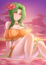 1girls alternate_costume bare_arms bare_legs bare_midriff bare_shoulders bikini breasts ciderwrath collarbone elincia_ridell_crimea elincia_ridell_crimea_(summer) female female_only fire_emblem fire_emblem:_path_of_radiance fire_emblem:_radiant_dawn fire_emblem_heroes flower green_hair hair_flower large_breasts legs looking_at_viewer medium_hair midriff nintendo ocean official_alternate_costume orange_bikini orange_eyes orange_swimsuit outdoors partially_submerged sarong see-through shoulders sitting smile solo sunset swimsuit water