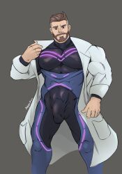 bodysuit bulge clothed male_only muscles muscular muscular_male neppikun open_coat penis_outline pokemon pokemon_sv professor_turo