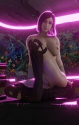 1girls 3d ass_guard_ boots breasts female female_only final_fantasy final_fantasy_vii final_fantasy_vii_remake nayo_(final_fantasy_vii) neon nude nude_female purple_background running_eyeliner running_mascara solo stockings