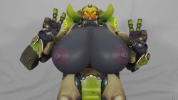 1girls 3d 3d_(artwork) big_breasts breasts breasts_out ckiii3d_(artist) double_v happy head_tilt large_breasts nipples omnic orisa overwatch peace_sign robot robot_girl