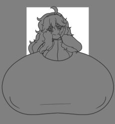 alternate_breast_size big_breasts breast_grab female hand_on_head hex_maniac huge_breasts hyper hyper_breasts koobybooby monochrome pokemon spiral_eyes tagme