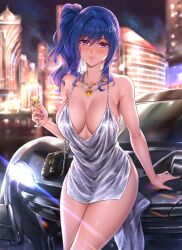 1girls azur_lane backlighting bag bare_arms bare_shoulders blue_hair blue_nail_polish blue_nails blurry blurry_background blush breasts building car champagne_flute city cleavage collarbone cowboy_shot cup cute cute_face depth_of_field dress drinking_glass evening_gown eyebrows eyebrows_visible_through_hair female fingernails glint grey_dress ground_vehicle hair_between_eyes hair_intakes hair_ornament hairclip hand_up handbag headlights hi_res holding holding_cup hua-j jewelry large_breasts light_particles long_hair looking_at_viewer motor_vehicle nail_polish necklace night o-ring outdoors parted_lips pelvic_curtain pendant plunging_neckline purple_eyes seductive_smile shiny shiny_clothes shiny_dress shiny_hair short_dress side_ponytail sidelocks sitting sitting_on_car sleeveless sleeveless_dress smile smiling smooth_skin solo solo_female solo_focus spaghetti_strap st._louis_(azur_lane) st._louis_(luxurious_wheels)_(azur_lane)