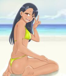 1girls ass beach bikini black_hair blush breasts brown_eyes clothed clothing female_focus female_only hayase_nagatoro hi_res long_hair looking_at_viewer looking_back lpogo medium_breasts open_mouth peace_sign please_don't_bully_me,_nagatoro pose revealing_clothes sideboob simple_background sitting smile solo tan tanned