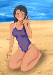 1girls areolae beach black_hair blush breasts brown_eyes clothed clothing densekkusu female_focus female_only hayase_nagatoro hi_res long_hair looking_at_viewer medium_breasts nipples please_don't_bully_me,_nagatoro pose revealing_clothes simple_background smile solo tan tanned transparent_clothing waving wet