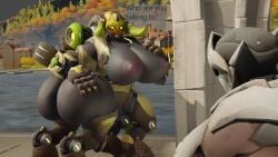 1boy 1girls 3d ass ass_grab big_ass big_breasts breasts ckiii3d_(artist) digital_media_(artwork) genji hand_on_ass large_breasts looking_back omnic orisa overwatch robot robot_girl thick_thighs