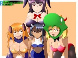 4girls all_fours annoyed big_breasts black_hair blonde_hair breasts bunny_ears bunnysuit cat_ears cat_tail catgirl cleavage clothed clothing curvy female_focus female_only gamo-chan hayase_nagatoro hi_res kaisz long_hair medium_hair multiple_girls navel orange_hair please_don't_bully_me,_nagatoro president_(nagatoro) purple_hair revealing_clothes sana_sunomiya simple_background smile spread_legs tanline tanned watermark wide_hips yoshi_(nagatoro)