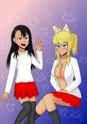 2girls big_breasts black_hair blonde_hair blue_eyes blush breasts brown_eyes cat_ears catgirl cleavage earrings female_focus female_only hayase_nagatoro liru looking_at_viewer please_don't_bully_me,_nagatoro pose renkin_san-kyuu_magical_pokaan simple_background skirt small_breasts smile snooploopart upskirt waving wolf_girl_with_you