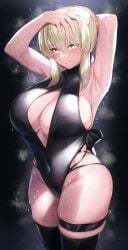 alternate_breast_size alternative_bust_size alternative_costume armpits arms_behind_head arms_up artoria_pendragon artoria_pendragon_(alter) big_breasts black_background black_swimsuit blonde_hair blush breasts cleavage cleavage_cutout clothing clothing_cutout cropped_legs embarrassed fate/grand_order fate/stay_night fate_(series) female female female_only high_resolution hirasawa_seiji large_breasts platinum_blonde_hair saber skindentation spotlight sweat sweatdrop swimsuit thighhighs yellow_eyes