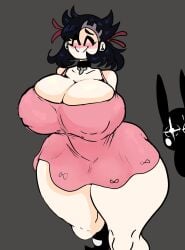 1girls alternate_breast_size big_breasts blush breasts closed_eyes dress gigantic_breasts huge_ass huge_breasts large_breasts lemonadepikachu marnie_(pokemon) pink_dress pokemon pokemon_ss short_dress sidescreen_character smile thick_thighs